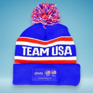 Xfinity Team USA American Flag POM KNIT Beanie Olympics  Blue stripes